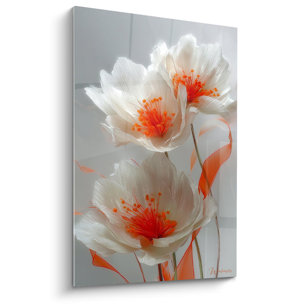 Tableau Pivoines blanches et orange aux rubans virevoltants - Étamines en éventail - Edition fleur nature