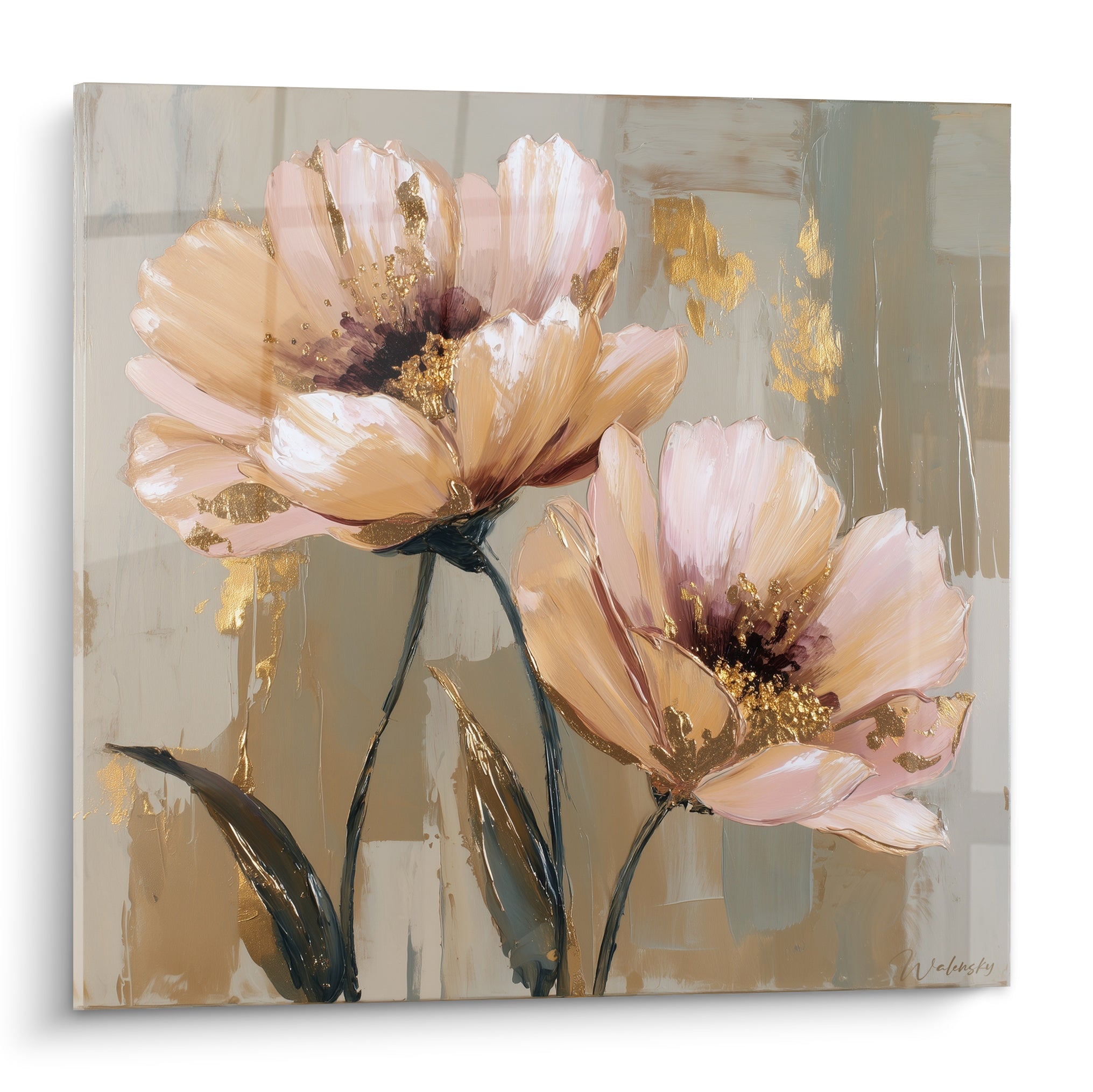 Pavots roses aux reflets dorés et cœurs bordeaux peints sur fond taupe texturé