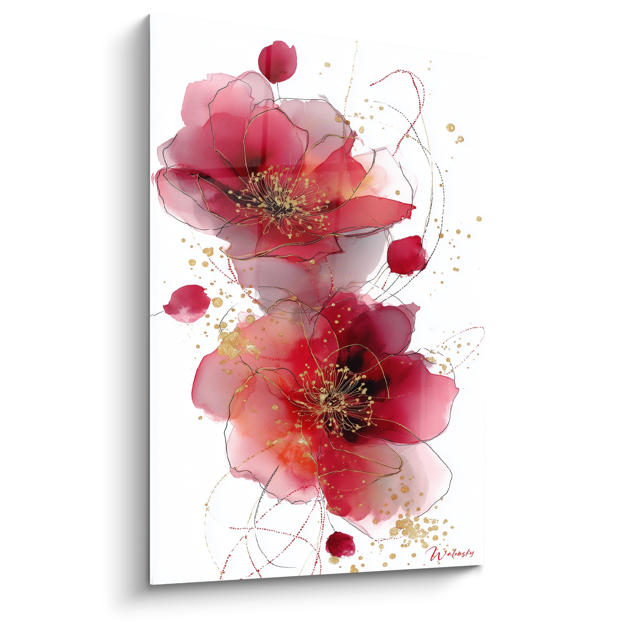 Pavots rouge cramoisi et rose poudré aux étamines dorées peints en aquarelle sur fond blanc
