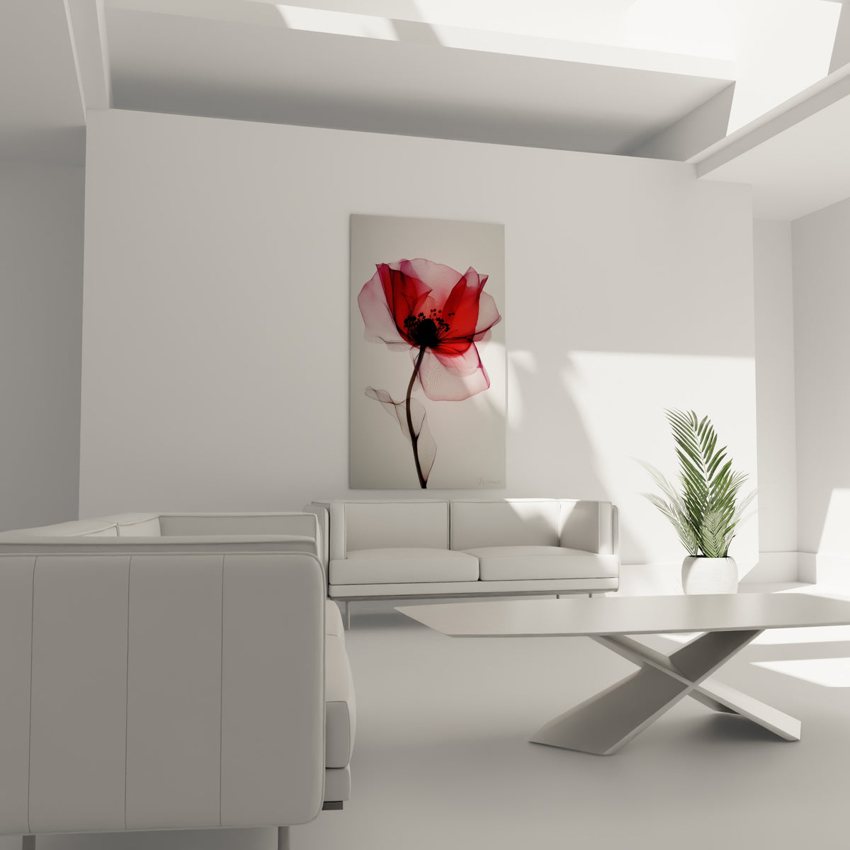 Pétales rouges et gris finement dessinés positionnés au-dessus d'un canapé dans un salon lumineux