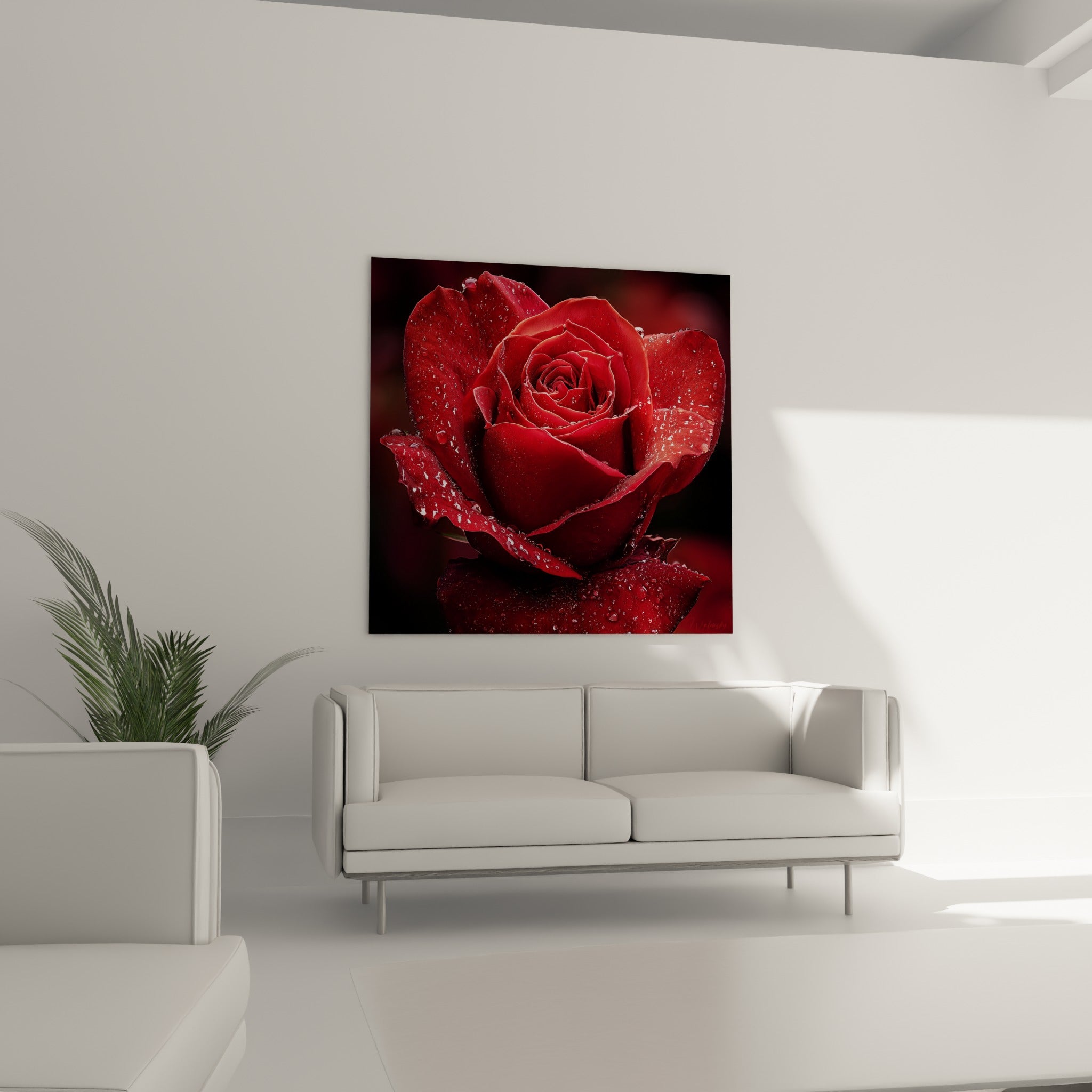 Fleur rouge intense parsemée de gouttelettes cristallines, au-dessus d'un canapé dans un salon lumineux