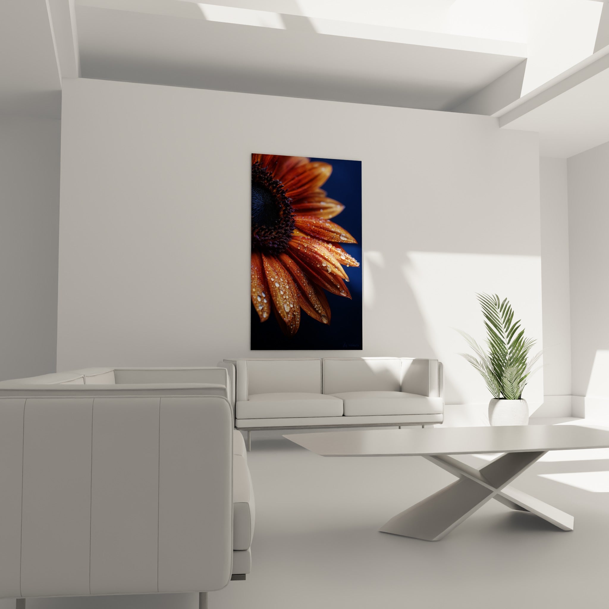 Cœur sombre et pétales cuivrés d'une fleur nature ornée de rosée, au-dessus d'un canapé dans un salon lumineux