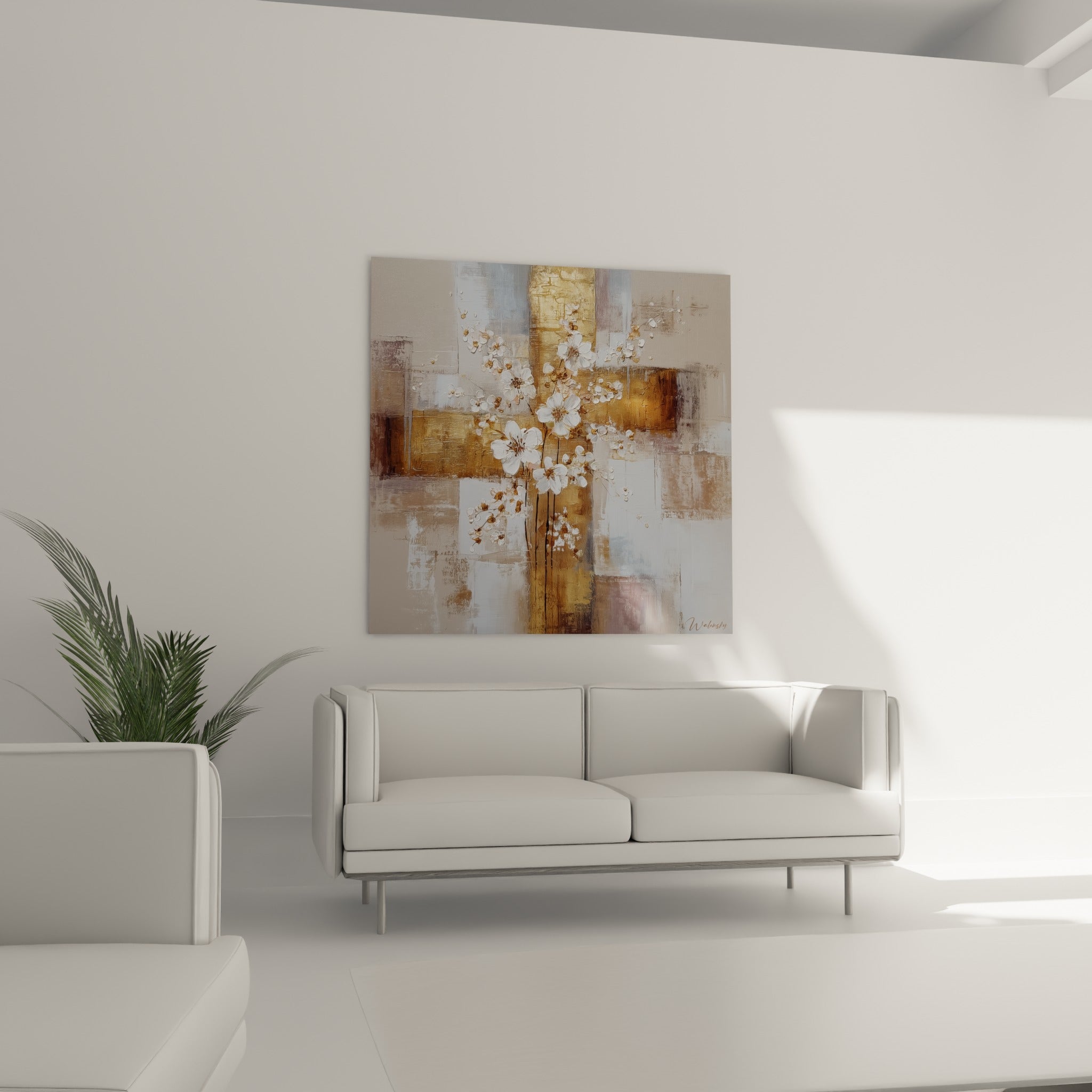 Pétales blancs et fond anthracite doré de ce tableau fleur nature, au-dessus d'un canapé dans un salon lumineux