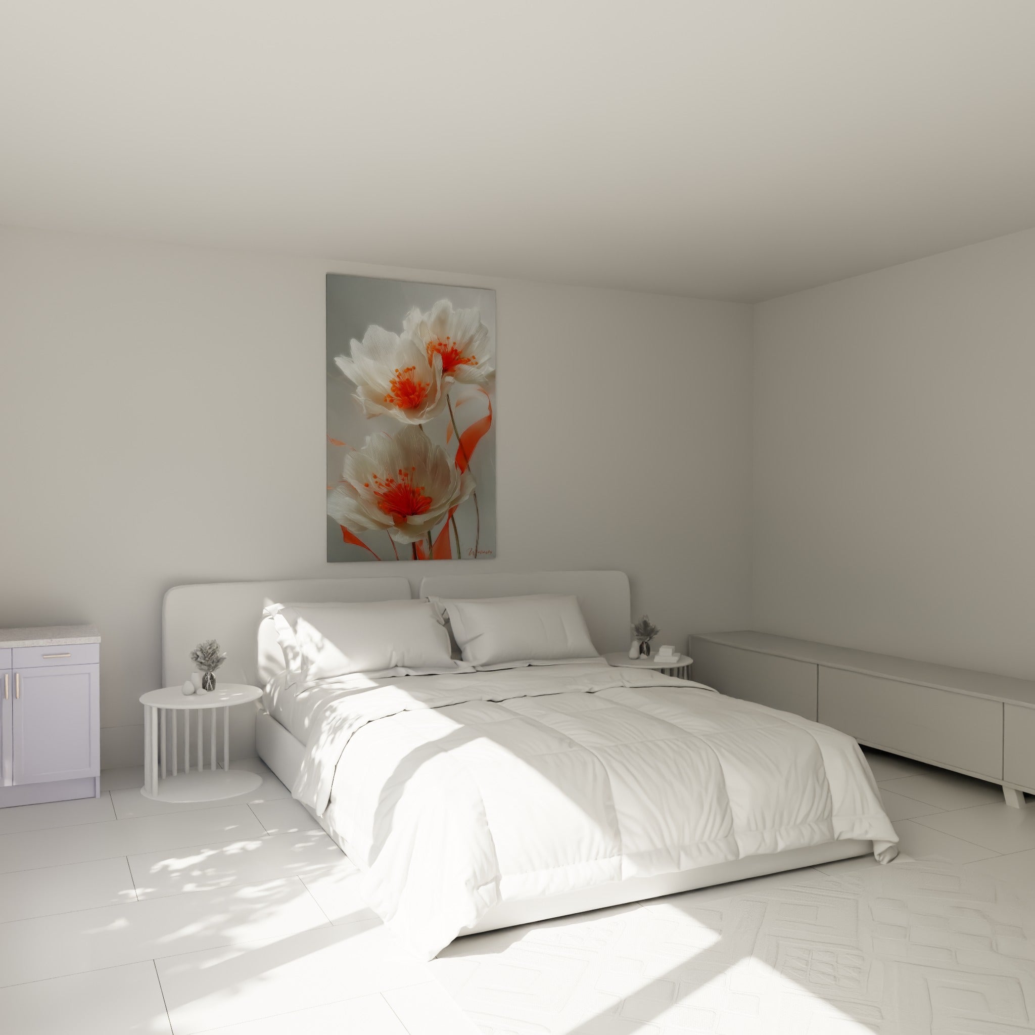 Pavots blancs et orange éclatant accrochés au-dessus d'un lit dans une chambre claire