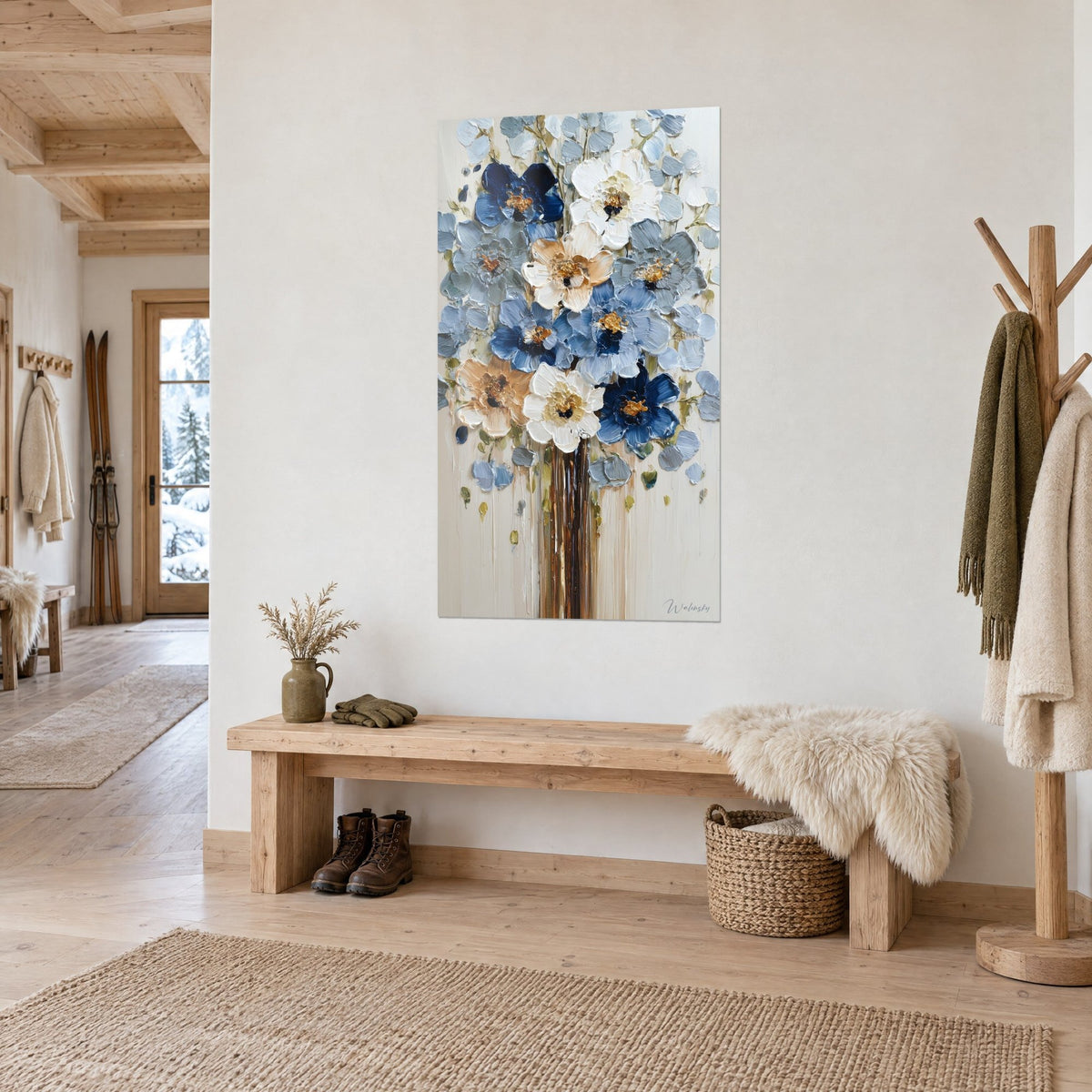 Wall art with a raised flower spray, grey-blue and ivory petals, brown stems cascading, on a chalet bench