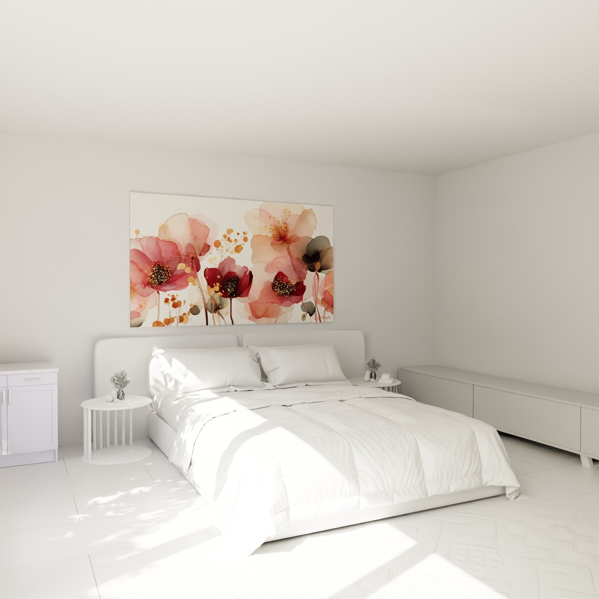 Fleurs roses et anthracite au style aquarelle délicat, accrochées au-dessus d'un lit dans une chambre claire