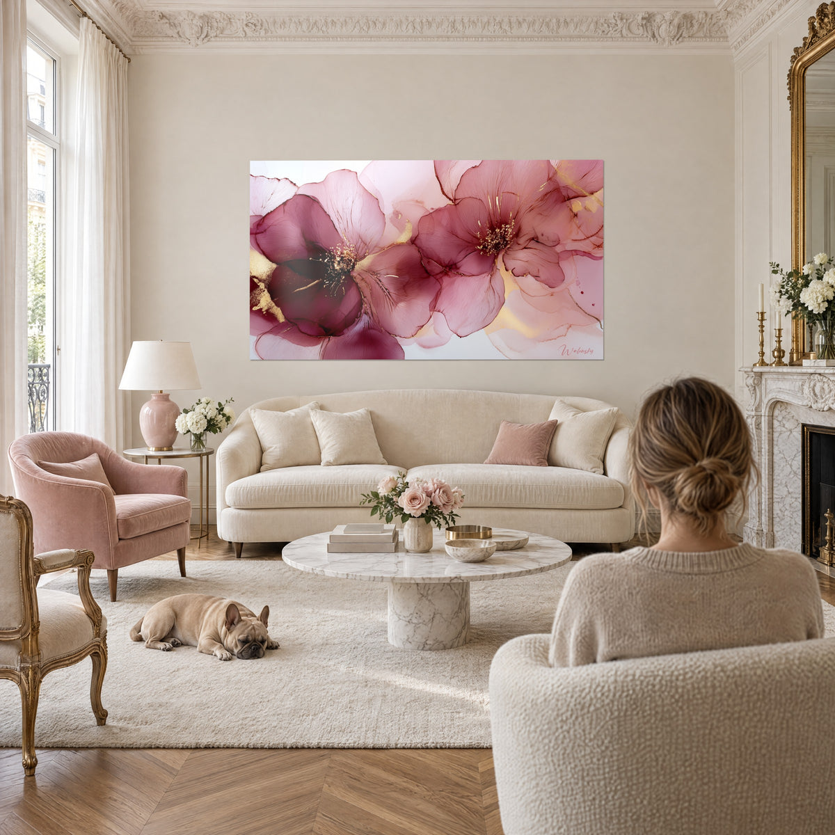 Schilderij met poederroze en bordeauxrode klaprozen met gouden meeldraden, een vrouw van achteren en een bulldog, boven een bank in een lichte woonkamer