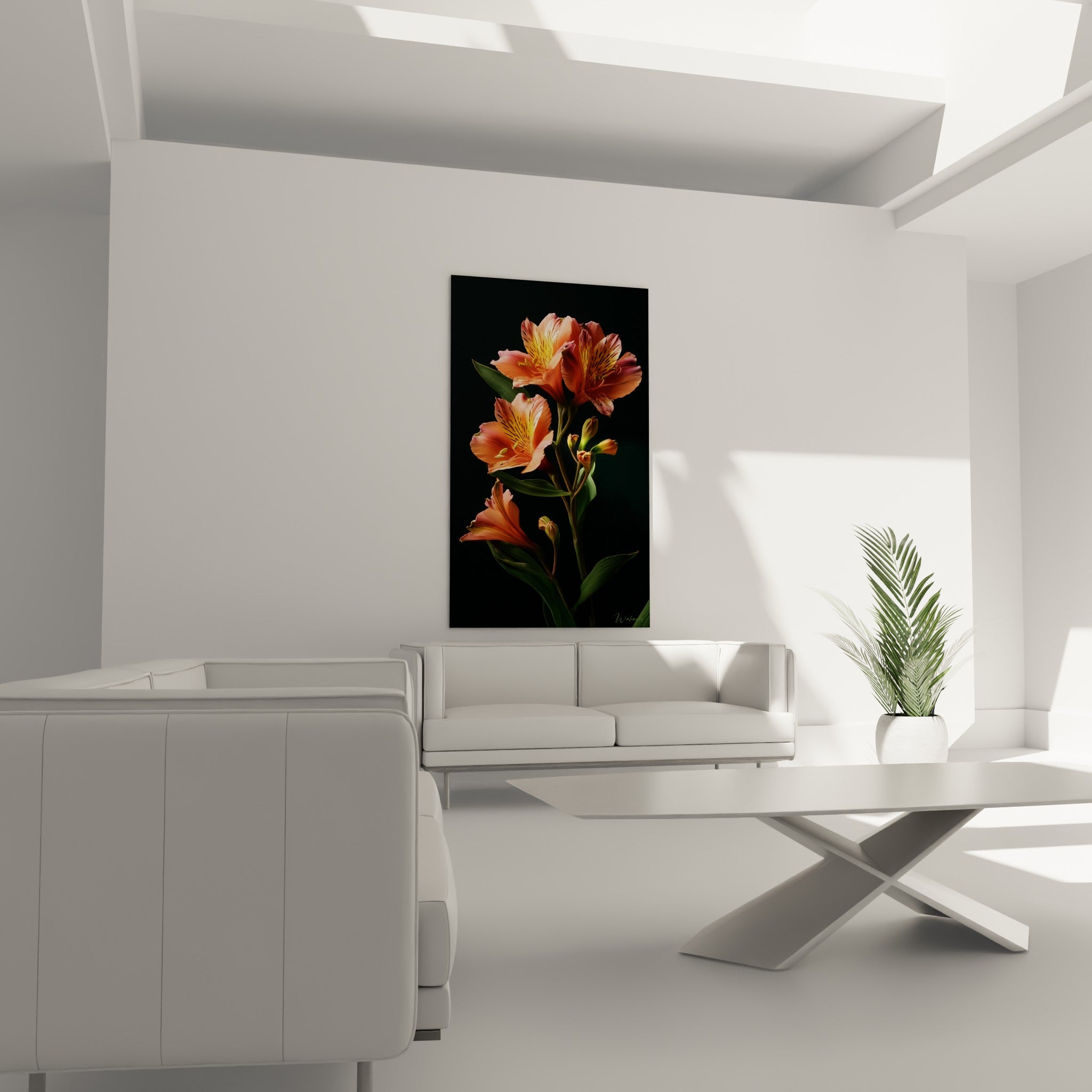Fleurs d'alstroemérias corail et dorées sur fond anthracite, suspendues au-dessus d'un canapé dans un salon lumineux
