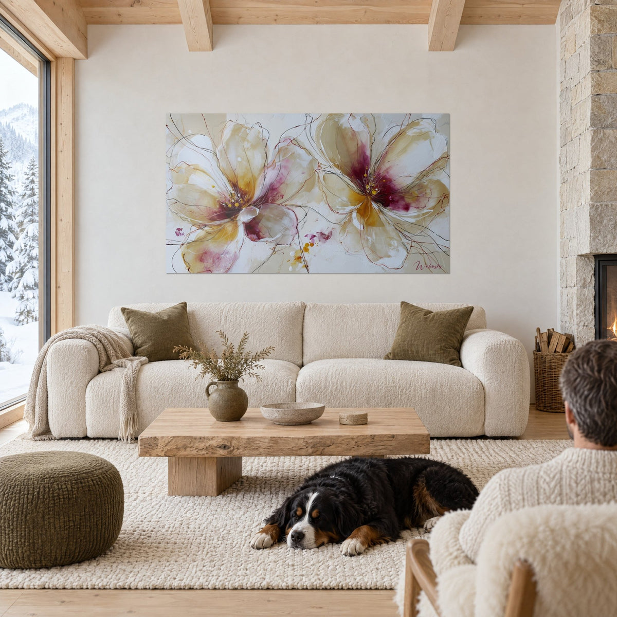 Wall art two large ivory flowers with purple hearts, gold pinstripes, above a sofa in a bright living room