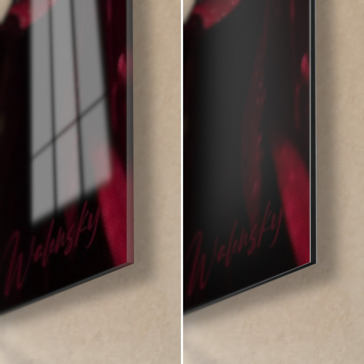 Wall art purple roses speckled with dew droplets, bottom right corner: glossy acrylic glass with reflections, matte black Dibond aluminium