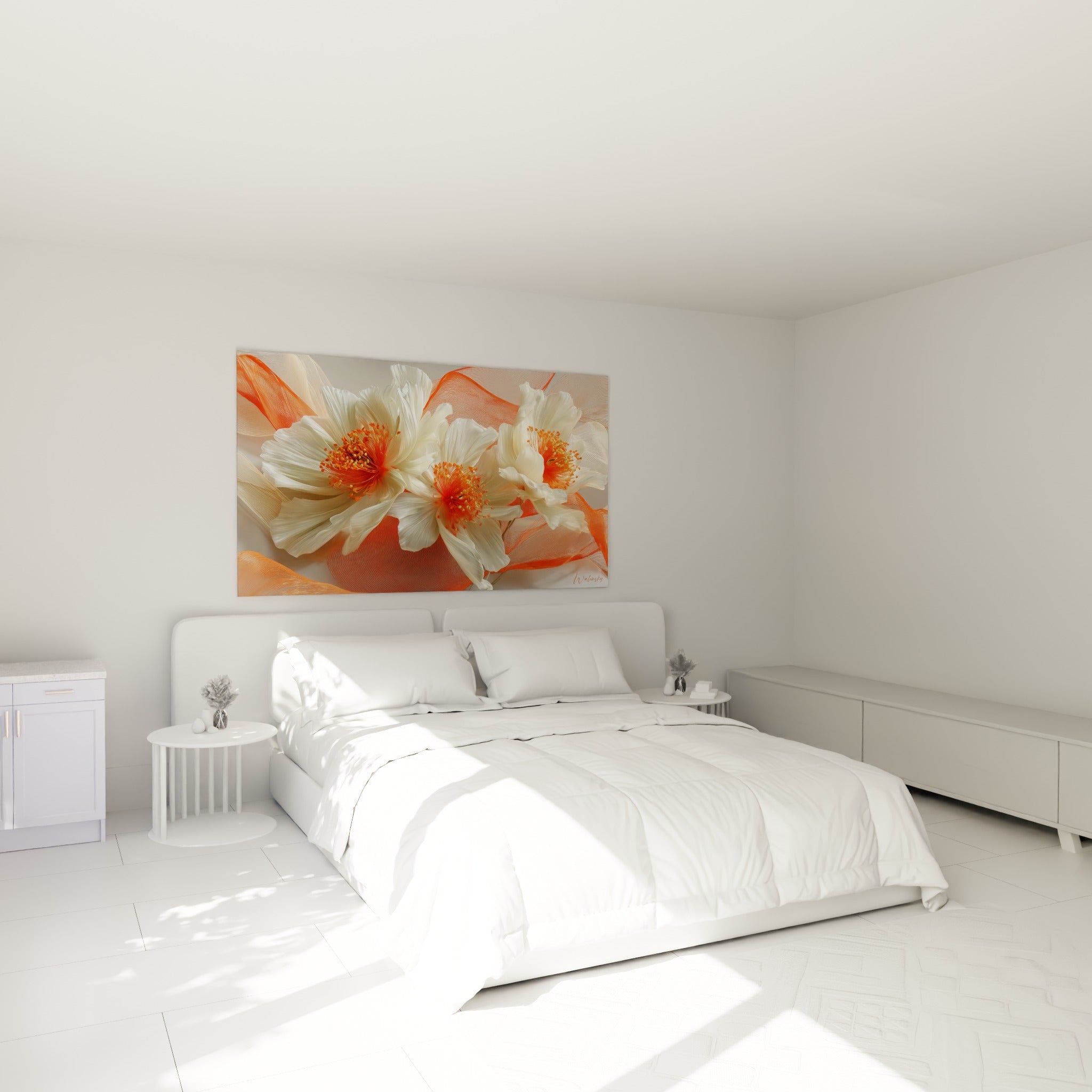 Fleurs ivoire aux cœurs corail composent ce tableau accroché au-dessus d'un lit dans une chambre claire