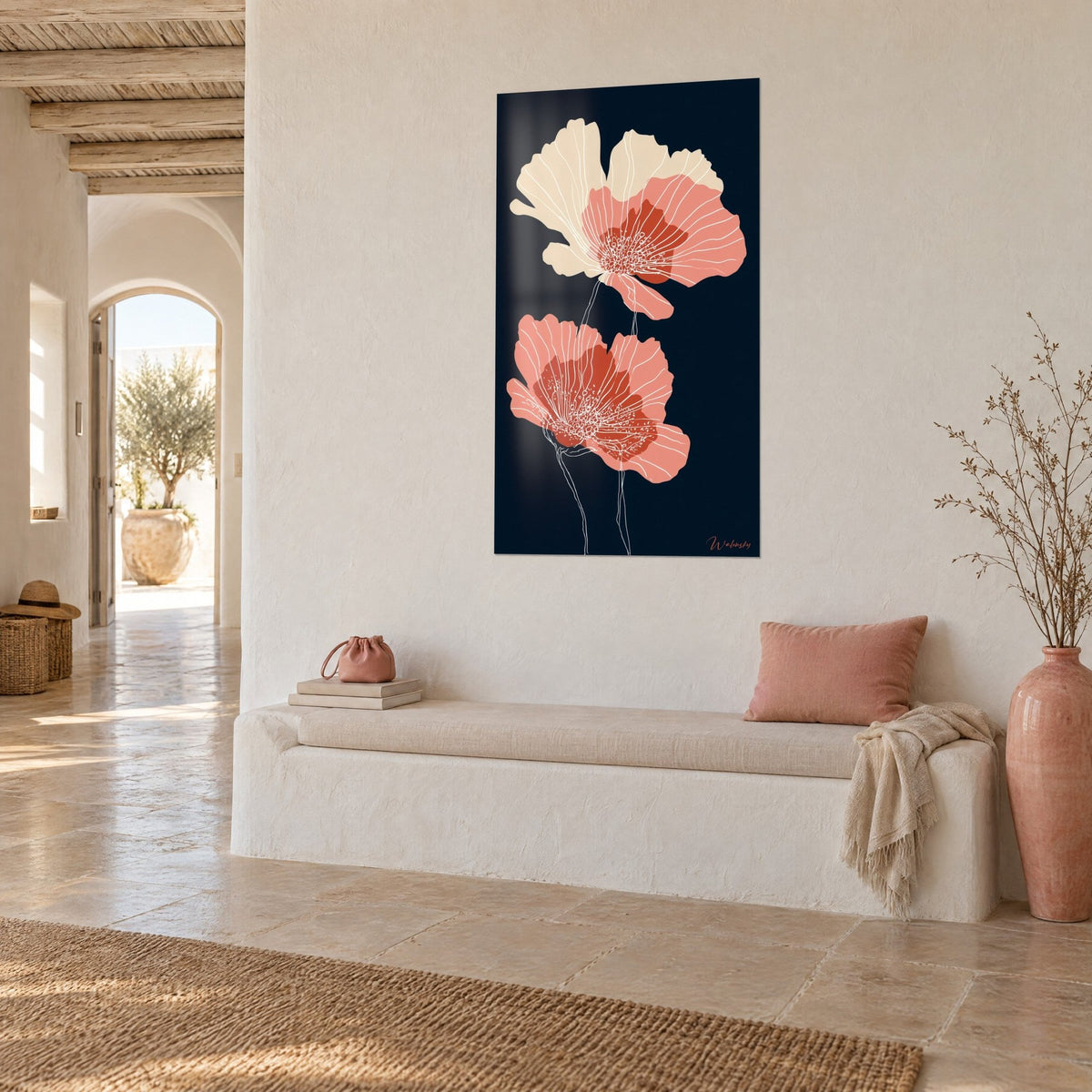 Wall art flowers with salmon and cream petals, slender stems on deep night, whitewashed wall and bench of a Mediterranean home