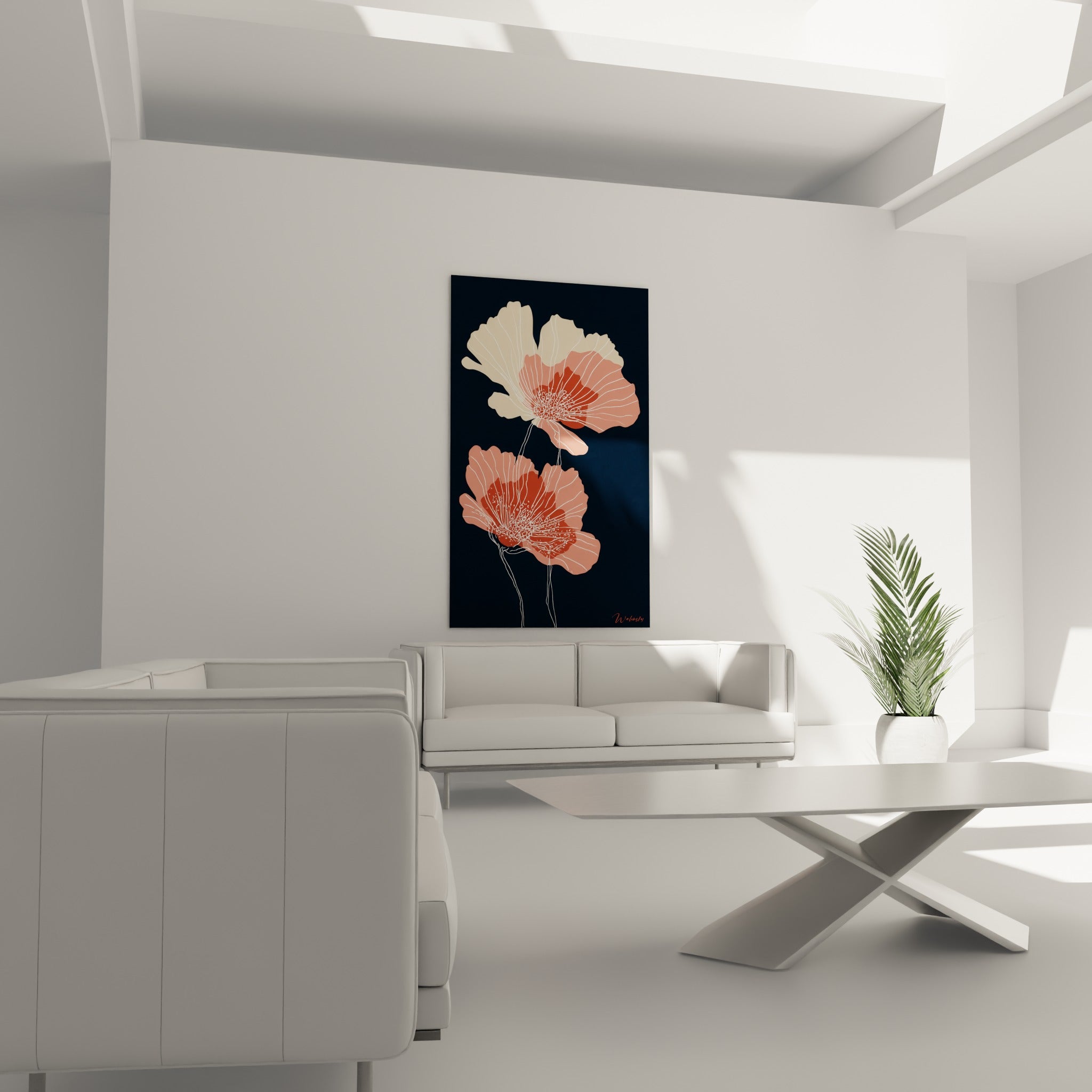 Pétales roses et ivoire aux nervures blanches fines au-dessus d'un canapé dans un salon lumineux
