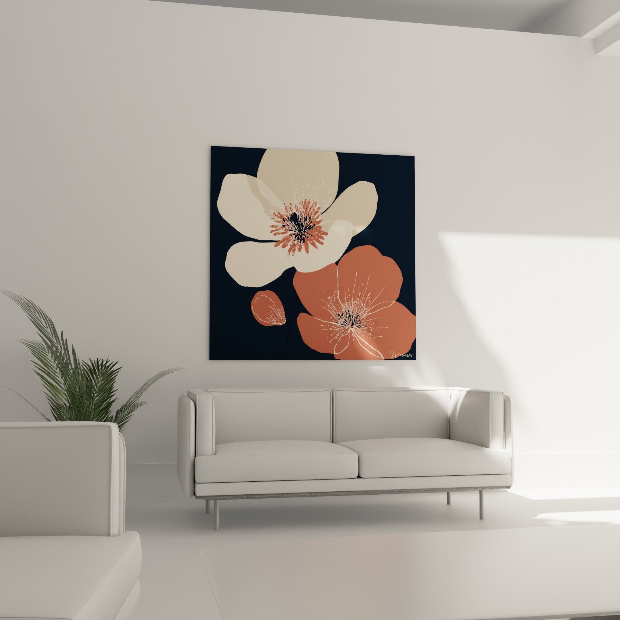 Pétales ivoire et terracotta d'une composition florale, disposés au-dessus d'un canapé dans un salon lumineux