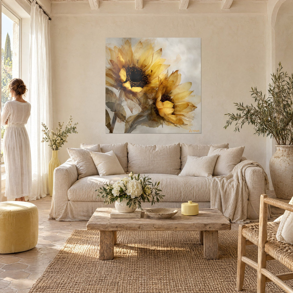 Wall art of golden sunflowers with translucent petals, deep brown center, on a cream wall above a sofa in a bright living room