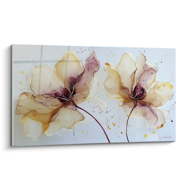 Tableau Fleurs translucides ocre et bordeaux - Éclosion diaphane - Edition fleur nature