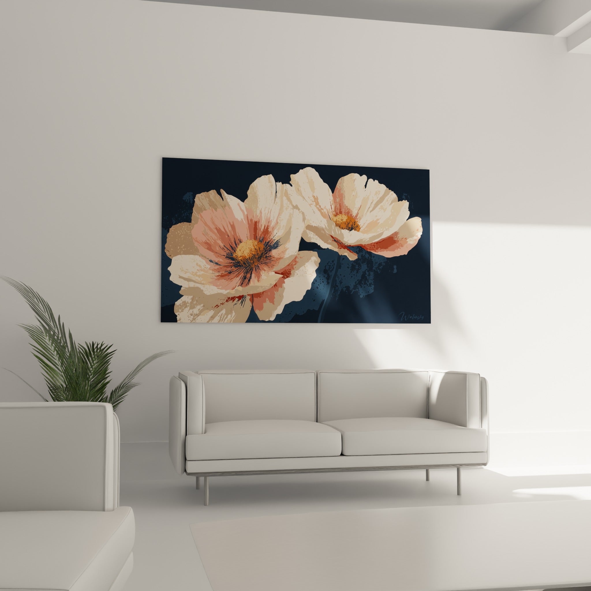 Pétales de coquelicot beige et bleu marine profond, au-dessus d'un canapé dans un salon lumineux