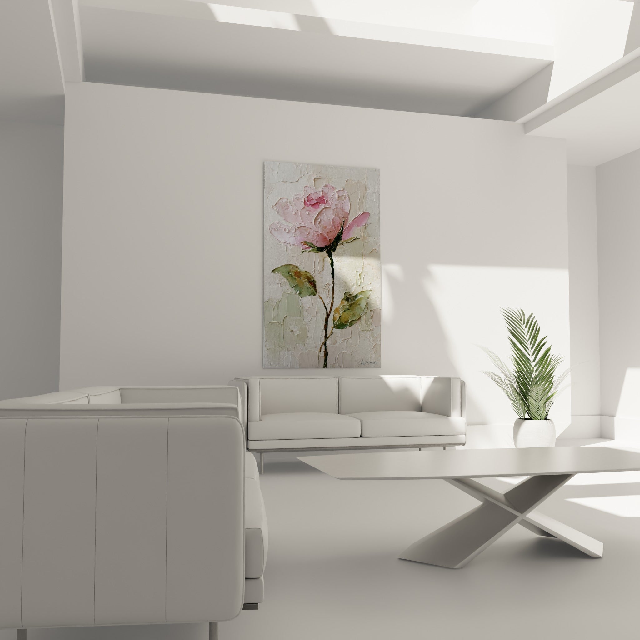 Pétales roses texturés et tige brun foncé, œuvre florale placée au-dessus d'un canapé dans un salon lumineux