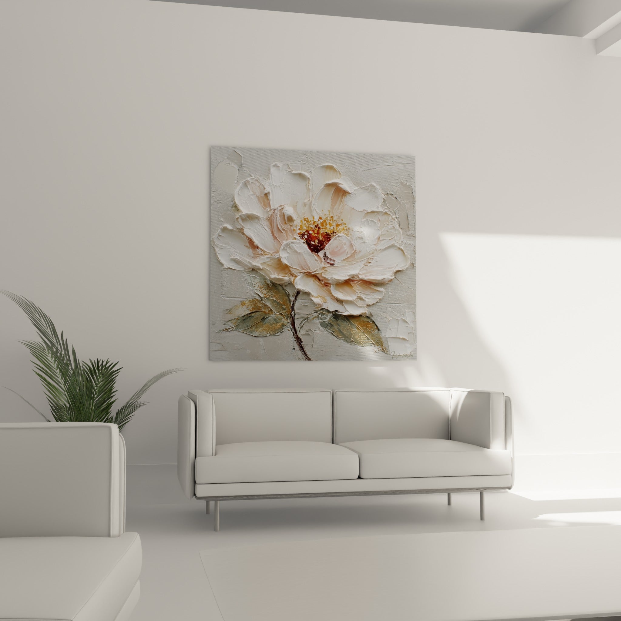 Pétales blancs et roses en relief d'une pivoine dorée, accrochés au-dessus d'un canapé dans un salon lumineux
