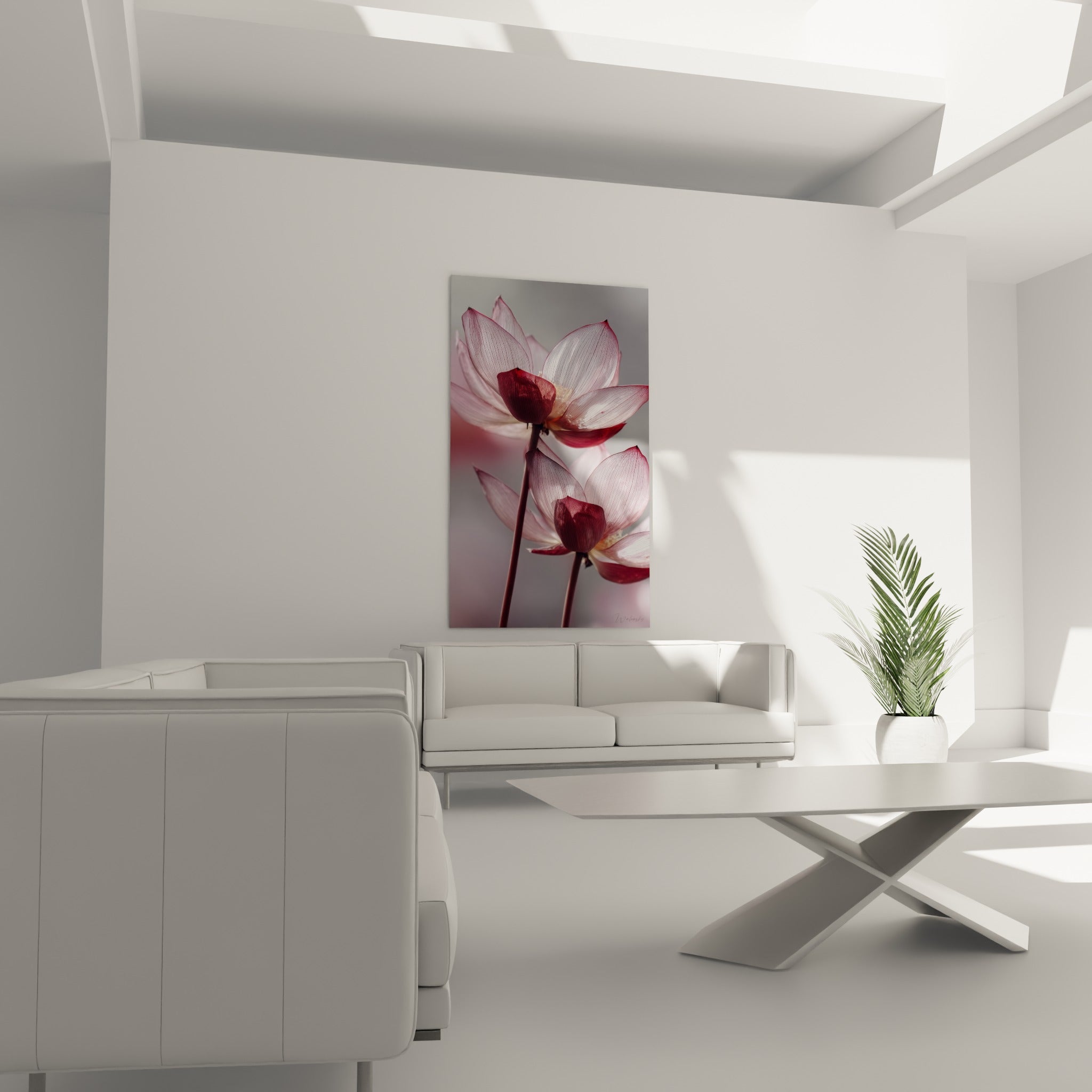 Pétales de lotus rose translucide et bourgeon bordeaux velouté, au-dessus d'un canapé dans un salon lumineux