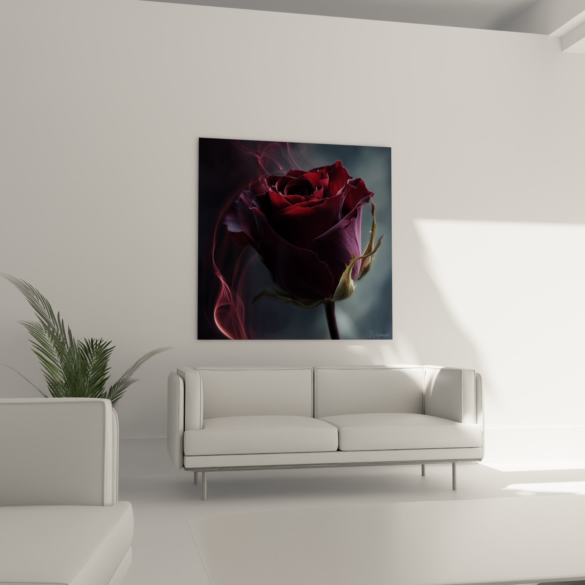Pétales rouge profond et violet sombre sur toile murale au-dessus d'un canapé dans un salon lumineux
