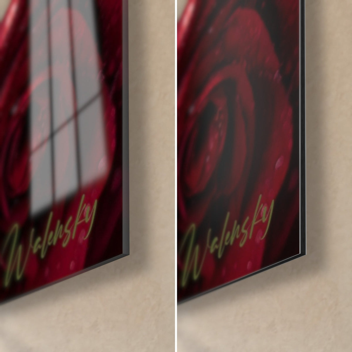 Wall art scarlet roses covered in dew, lower right corner: glossy acrylic glass with reflections, matte black Dibond aluminum, 3 mm edge