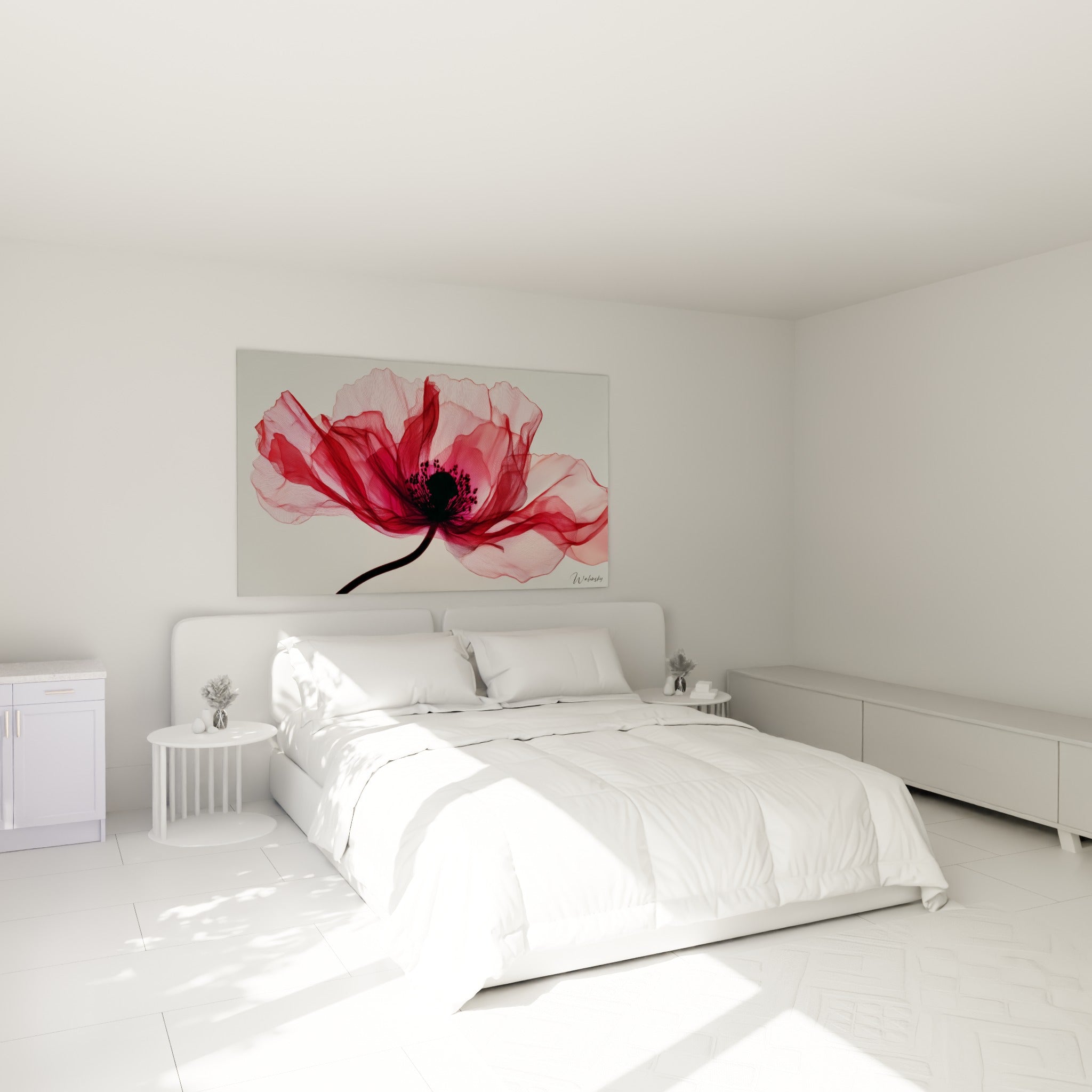 Pétales rouges et blancs entrelacés d'un coquelicot au-dessus d'un lit dans une chambre claire