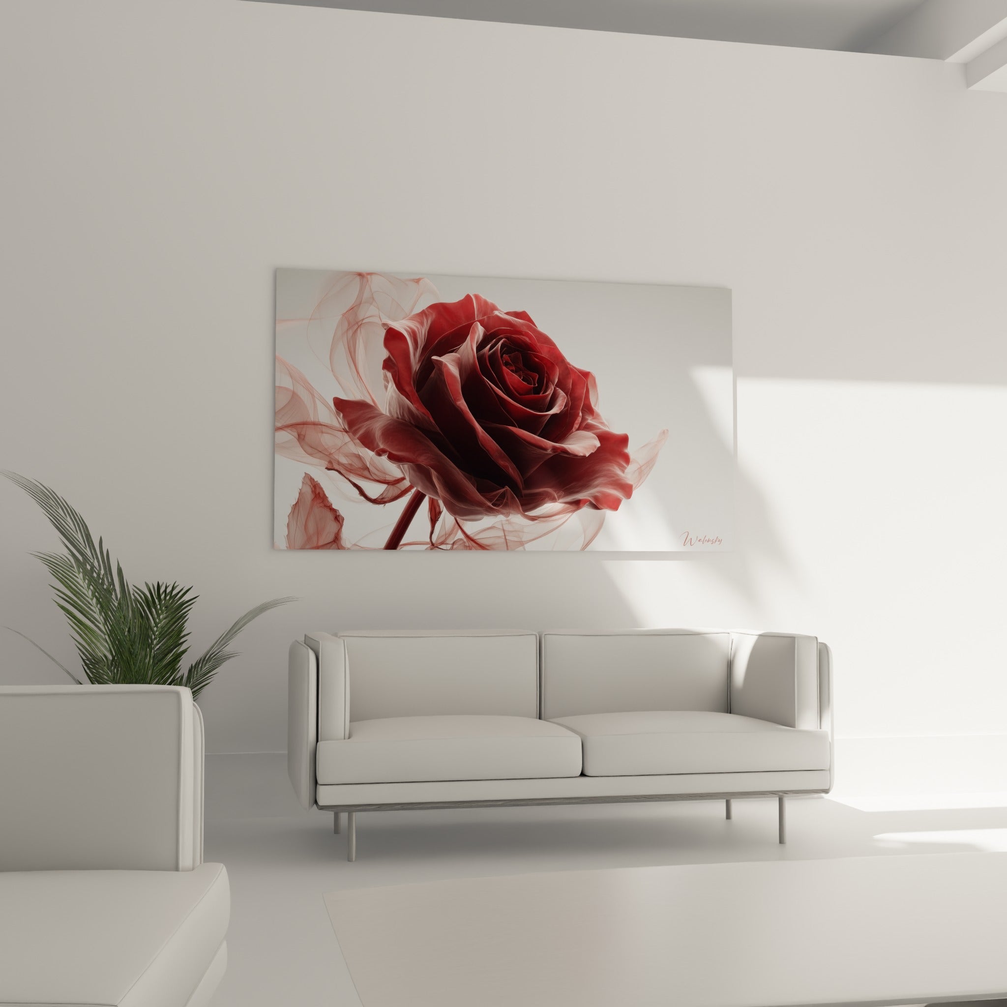 Pétales rouge grenat et voiles transparents blancs, disposés au-dessus d'un canapé dans un salon lumineux