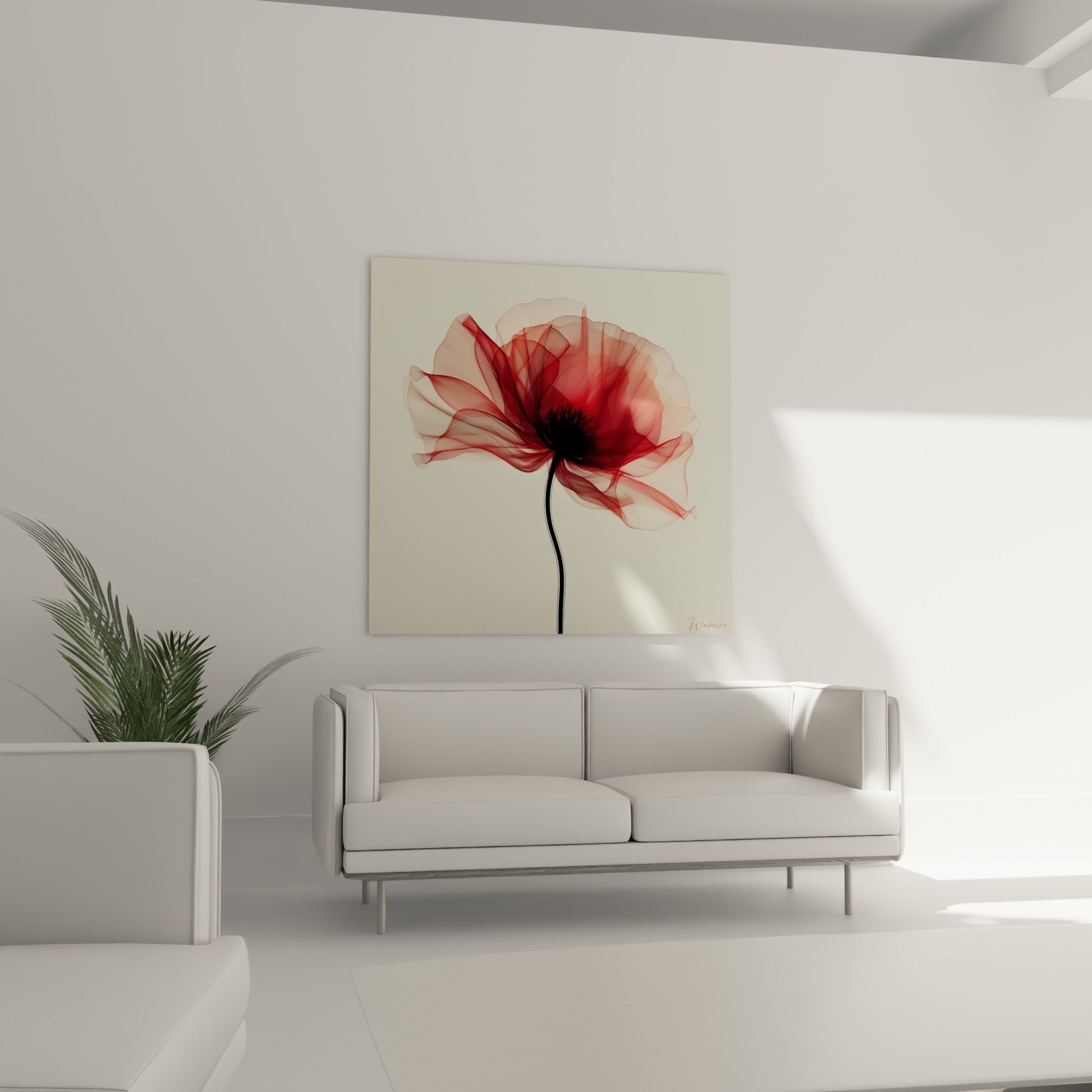 Pétales rouges vaporeux et cœur noir profond accrochés au-dessus d'un canapé dans un salon lumineux