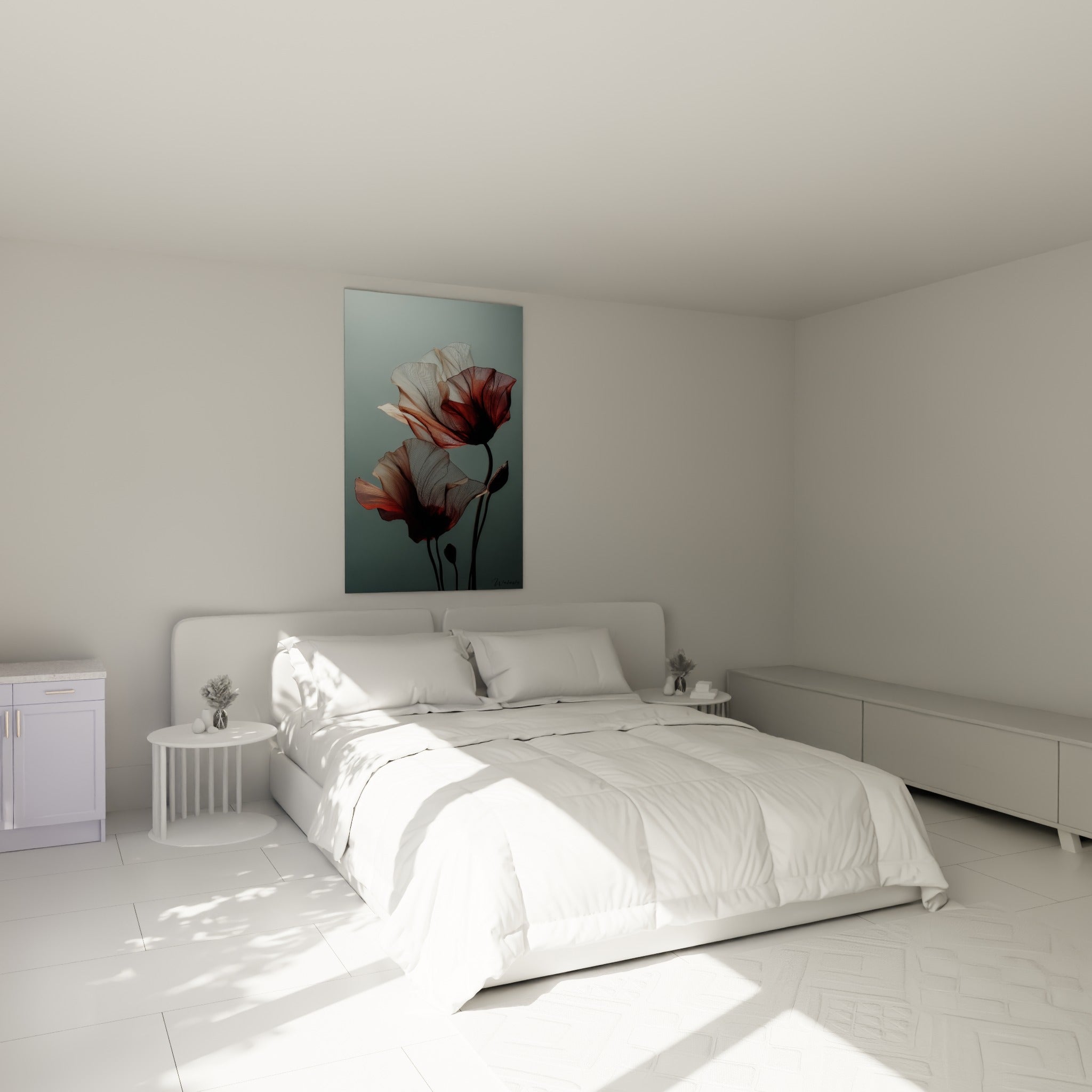 Fleurs radiographiques gris et bordeaux au-dessus d'un lit dans une chambre claire