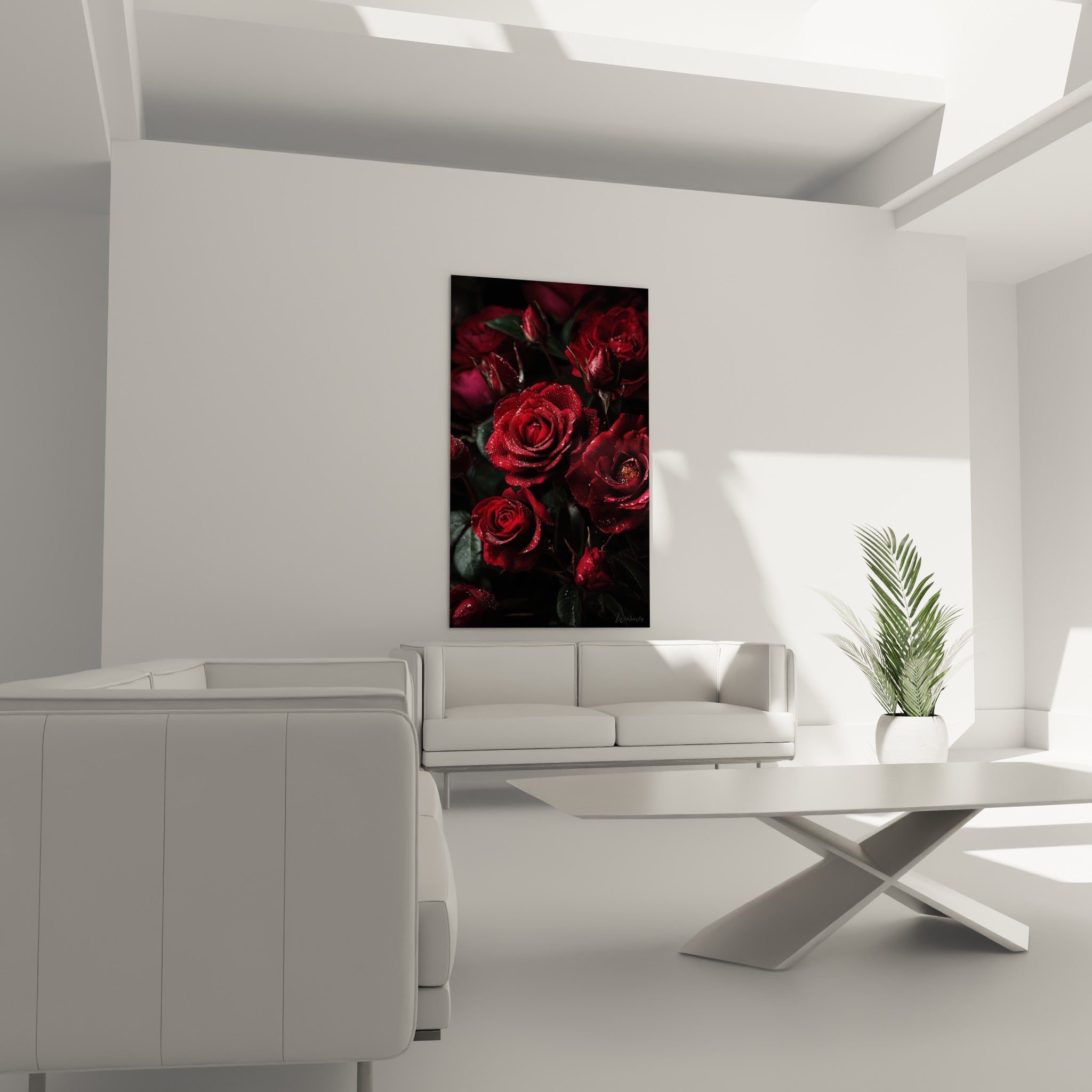 Fleurs rouges et bourgeons perlés de gouttes d'eau installés au-dessus d'un canapé dans un salon lumineux
