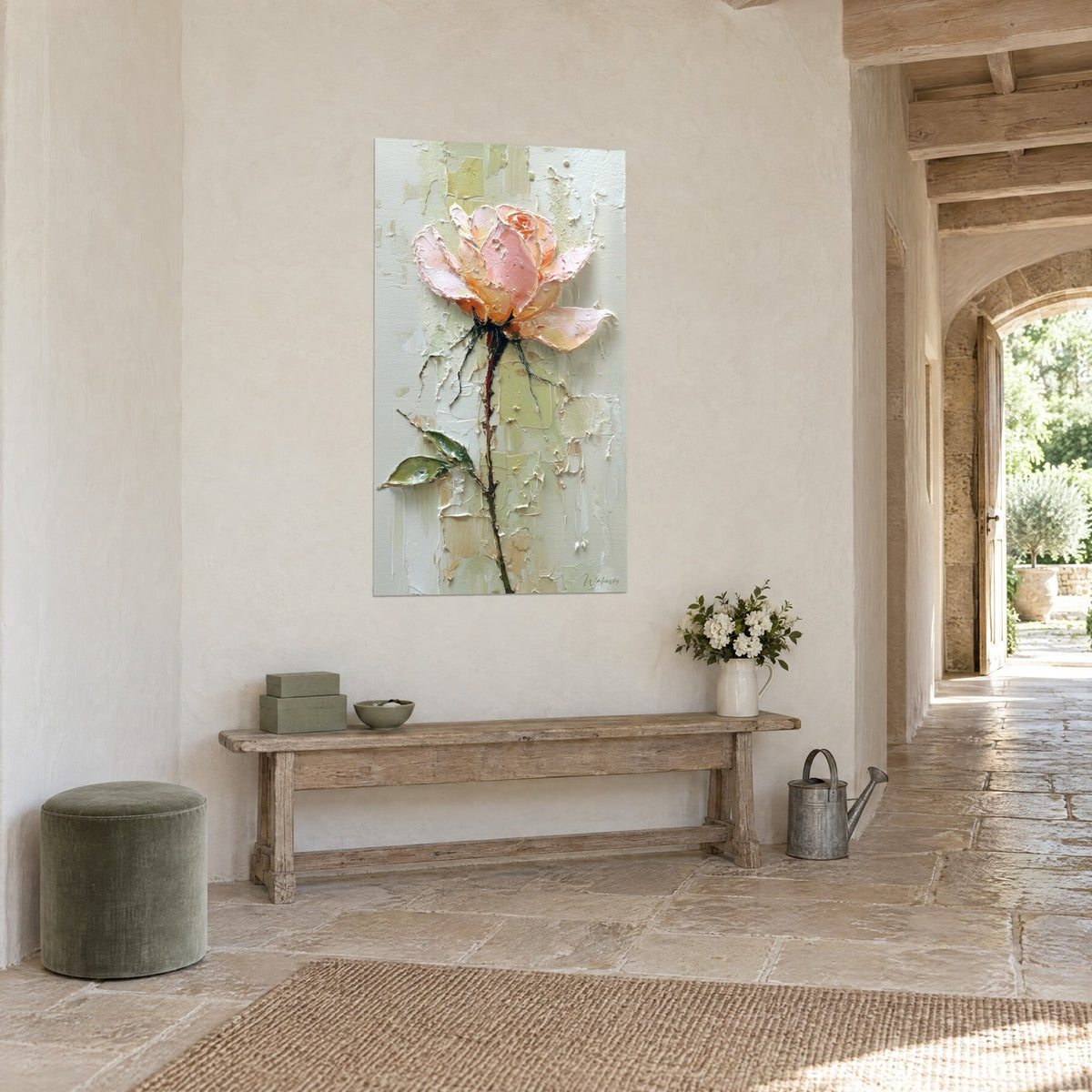 Wall art of a blooming flower with powder-pink and apricot petals on a cream and soft green background, stone corridor, country house