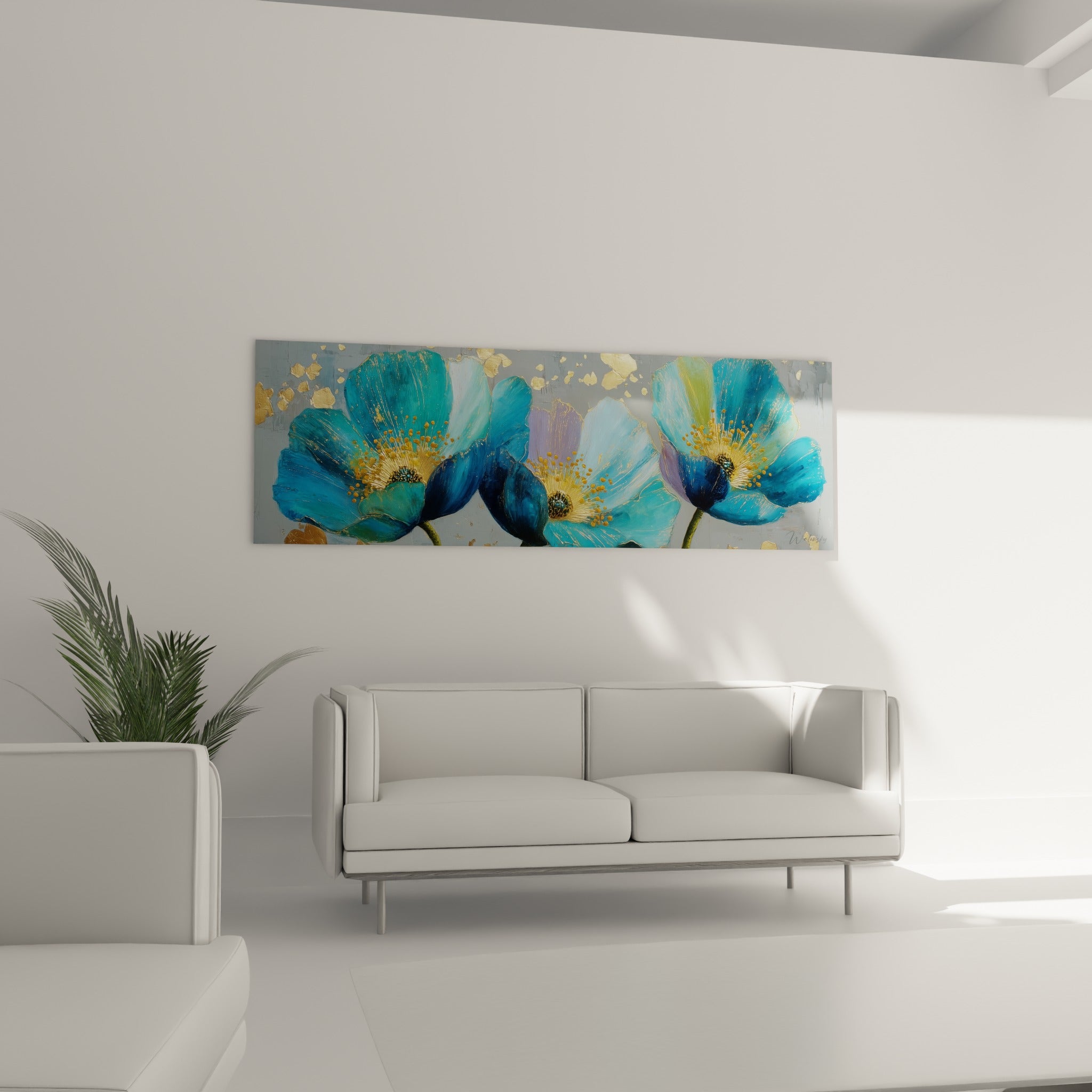 Pétales turquoise et violacés aux reflets dorés, disposés au-dessus d'un canapé dans un salon lumineux