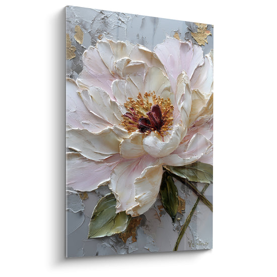 Tableau Pivoine blanche et rose au cœur grenat - Empâtements épais sur fond gris - Edition fleur nature