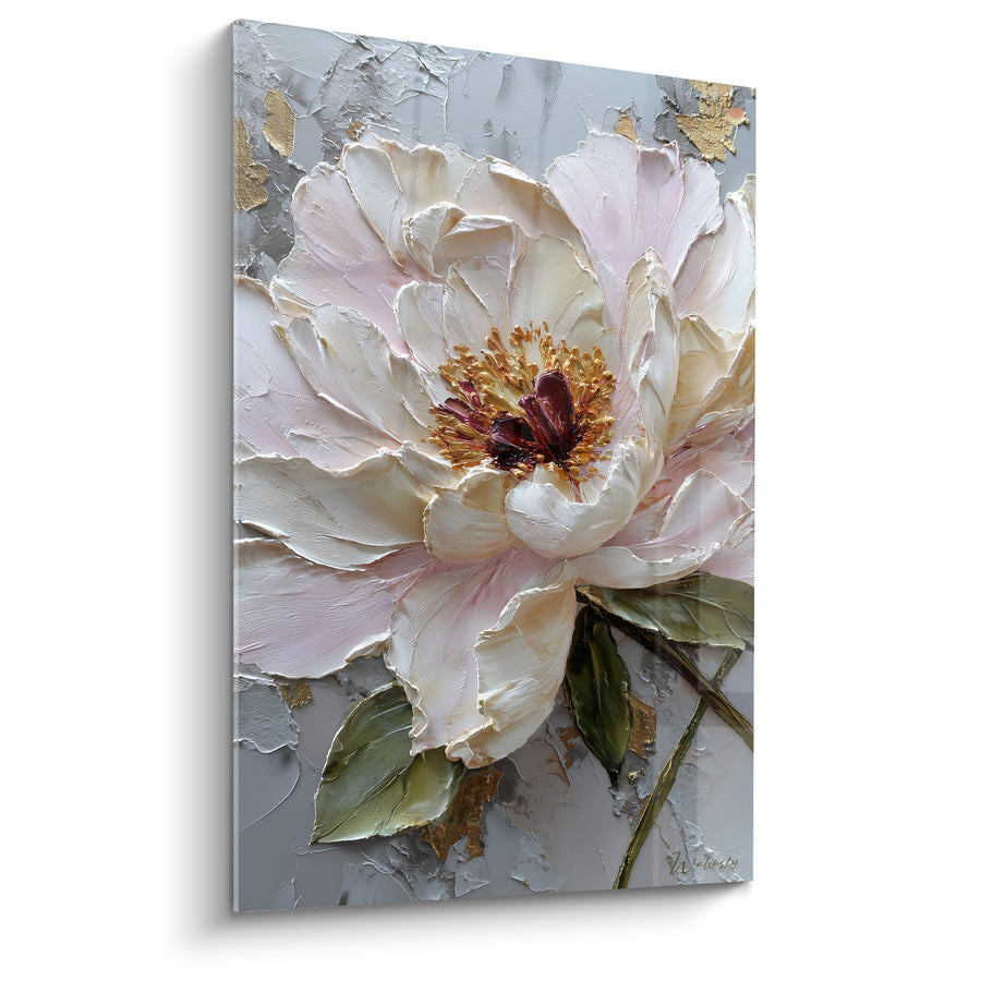 Tableau Pivoine blanche et rose au cœur grenat - Empâtements épais sur fond gris - Edition fleur nature