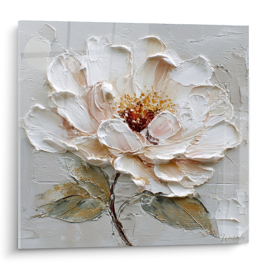 Cuadro de Peonía Blanca y Crema con Corazón Borgoña - Estambres Dorados Texturizados - Edición Flor Natural