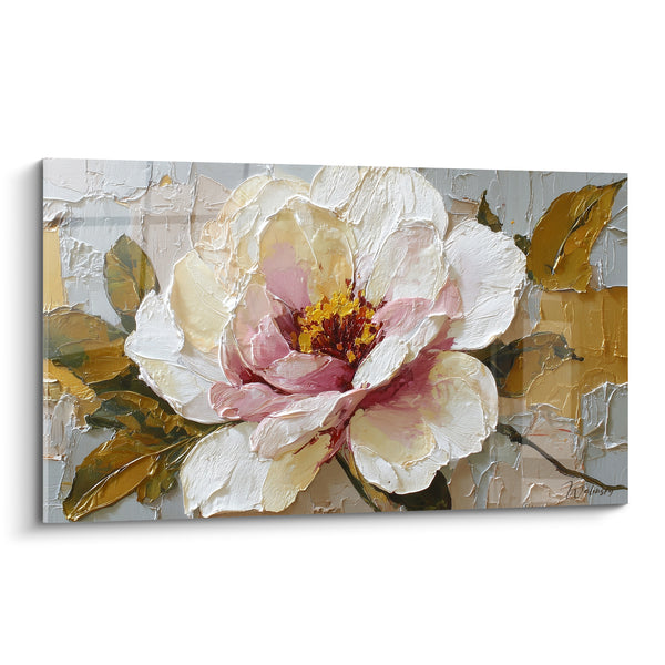 Tableau Pivoine blanche et dorée au cœur pourpre - Feuillage doré texturé - Edition fleur nature