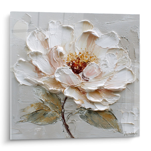 Tableau Pivoine blanche et rose au cœur ambré - Feuillage vert argenté - Edition fleur nature