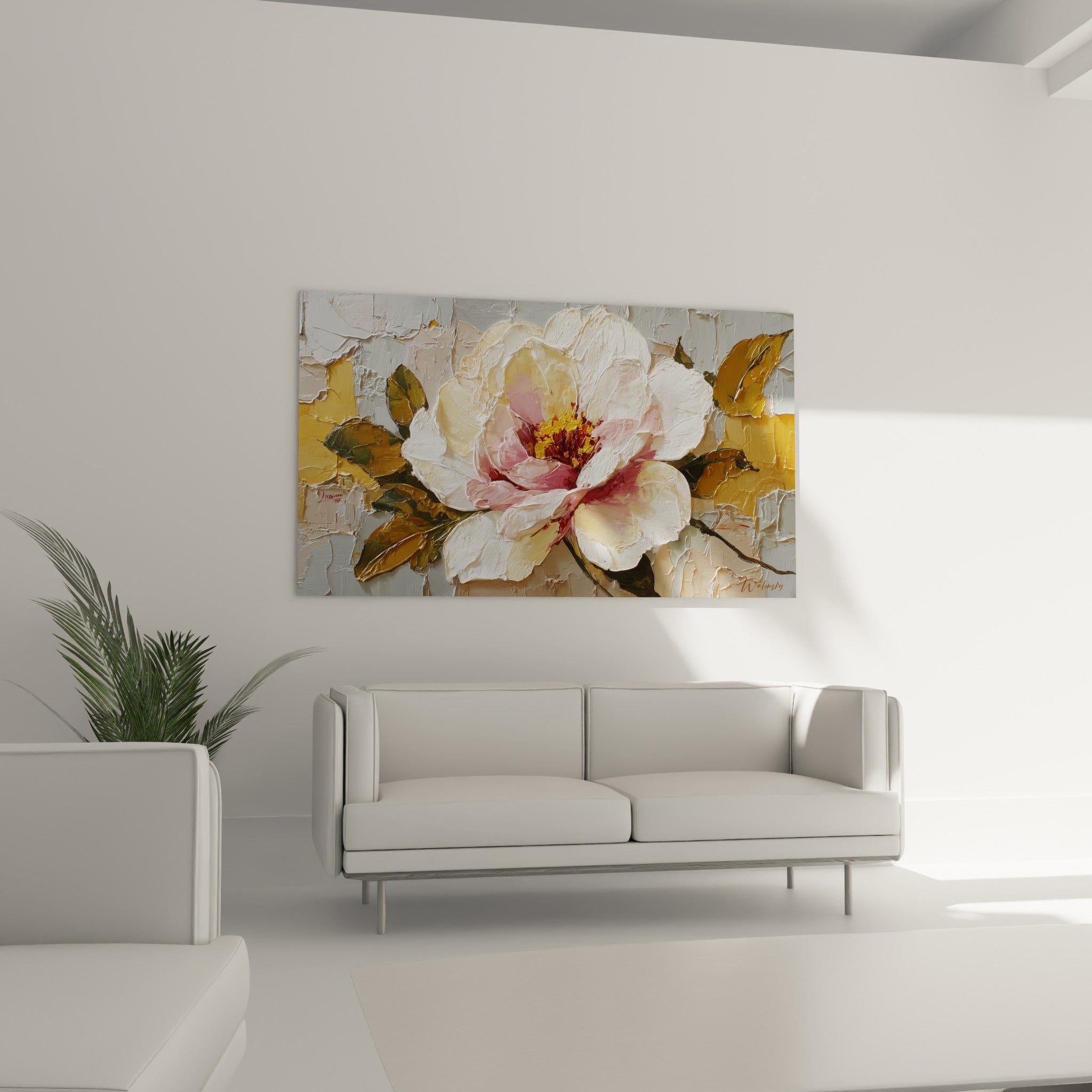 Pétales ivoire et reflets dorés d'une pivoine peinte en relief, œuvre suspendue dans un salon lumineux