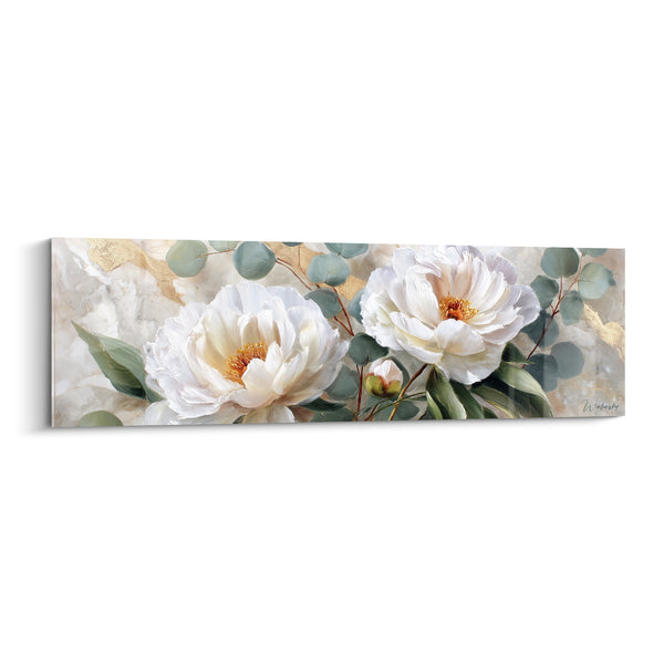 Tableau Pivoines blanches et vertes au feuillage d'eucalyptus - Bouton fermé sur tige - Edition fleur nature