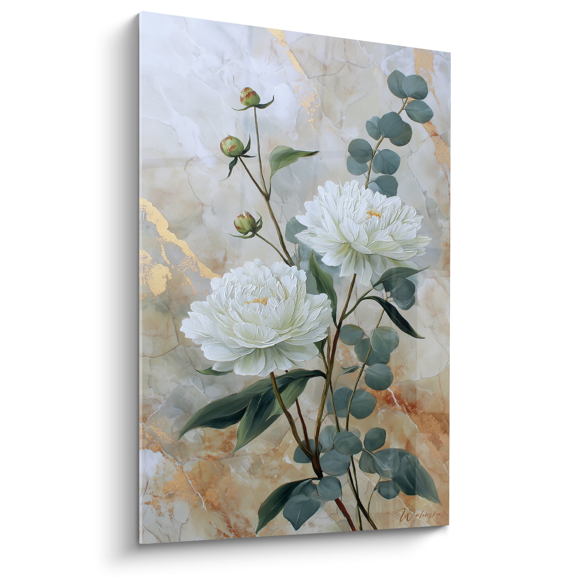 Pivoines blanches et eucalyptus vert sauge peints sur fond marbré doré et beige