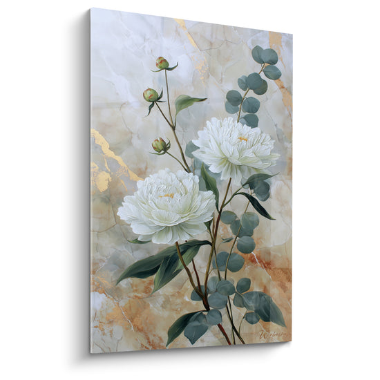 Tableau Pivoines blanches et vertes aux feuilles d'eucalyptus - Boutons fermés sur tige - Edition fleur nature