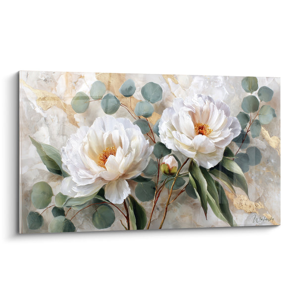 Tableau Pivoines blanches et vertes aux feuilles rondes eucalyptus - Veines dorées marbrées - Edition fleur nature