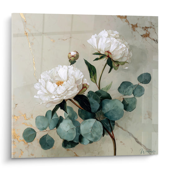 Pivoines blanches et eucalyptus vert sauge sur fond marbré beige et doré, style peint