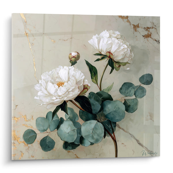 Tableau Pivoines blanches sur fond marbré doré - Grâce délicate - Edition fleur nature