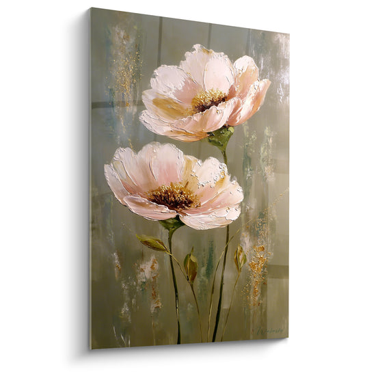 Tableau Coquelicots rose pâle et vert aux cœurs safran - Fond taupe strié doré - Edition fleur nature