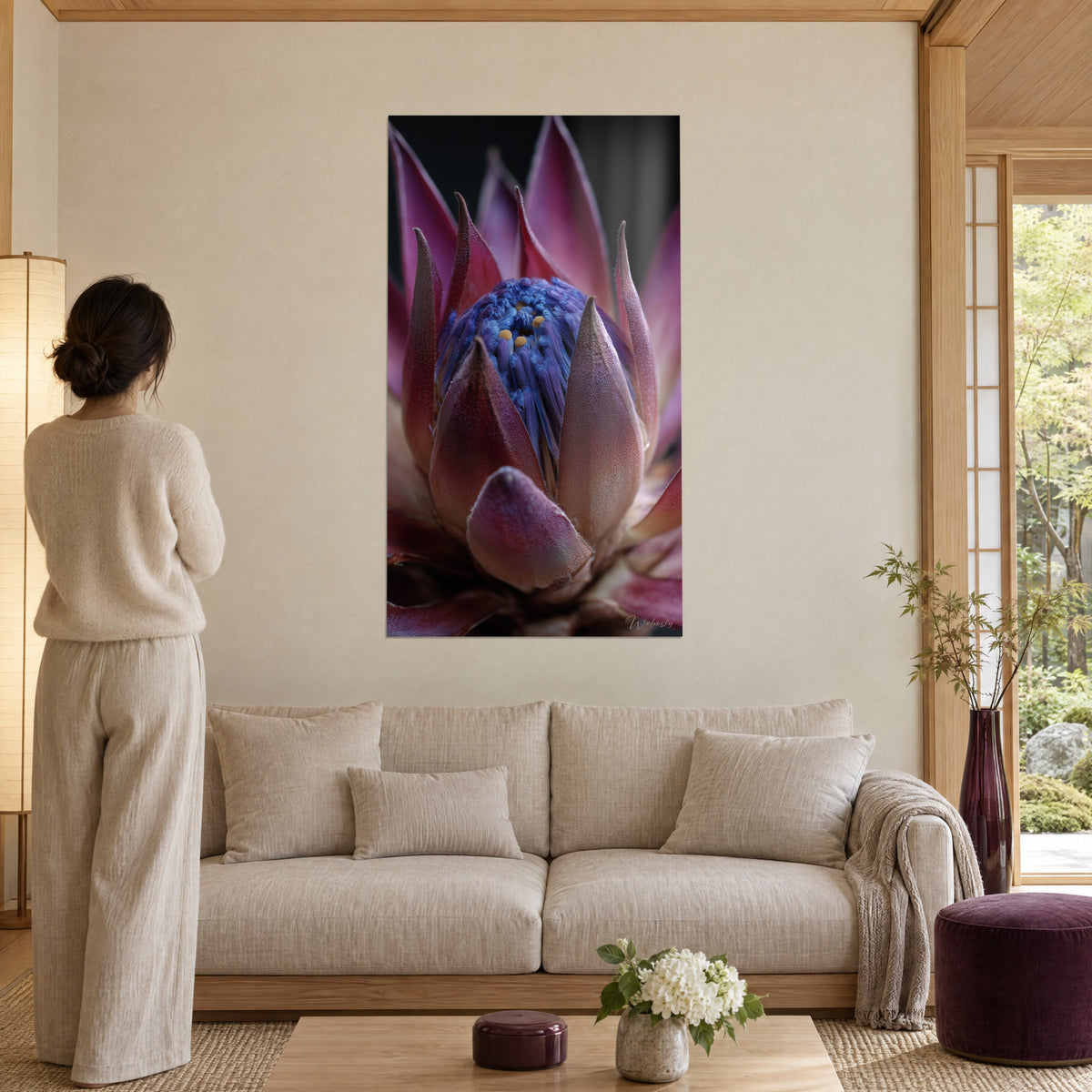Tableau protéa en éclosion, pétales rose bordeaux et cœur bleu velouté, au-dessus d'un canapé dans un salon lumineux