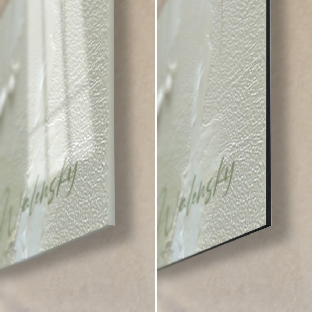 Wall art of a thickly textured pink and peach rose, bottom right corner, glossy glass with reflections and matte Dibond, 3 mm black edge
