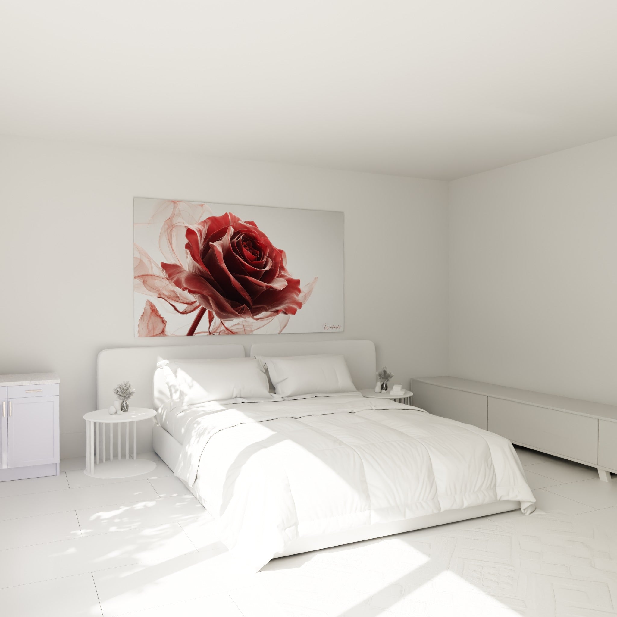 Fleur rouge et rose pâle enveloppée de fumée légère, accrochée au-dessus d'un lit dans une chambre claire