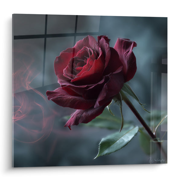 Tableau Rose rouge et gris volutes fumées - Mélancolie précieuse - Edition fleur nature